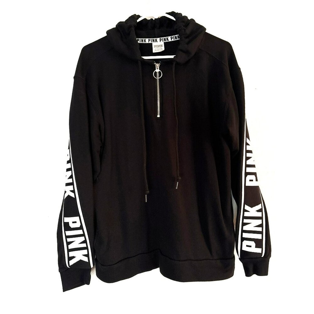 Victoria's Secret PINK Black Hoodie With Zipper Pull & Logo Sleeves Size S